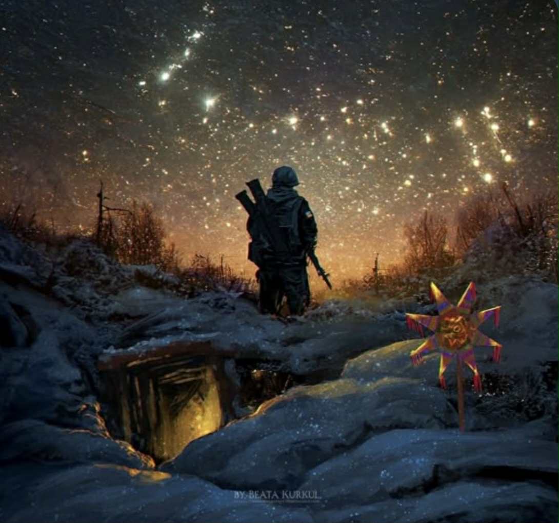 Image is an artwork by Beata Kurkul depicting a soldier, back turned towards us, progressing forwards into the starry night. It is winter, the ground is covered with snow but irregular, like a battlefield. In the foreground on the right, a child's windmill is planted in the snow. On the left, a light is shining in what looks like a passage or an entrance to a trench or bunker/